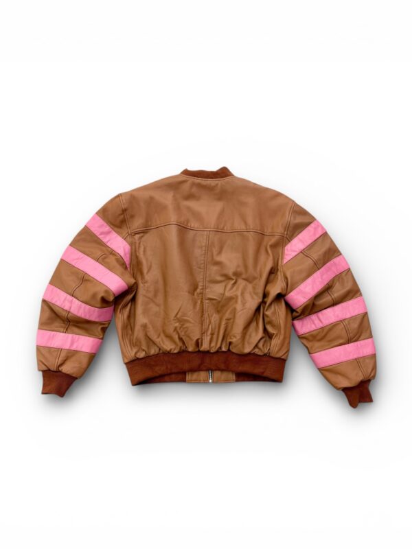 Leather Brown Bomber Jacket with Contrast Stripes