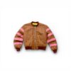 Leather Brown Bomber Jacket with Contrast Stripes