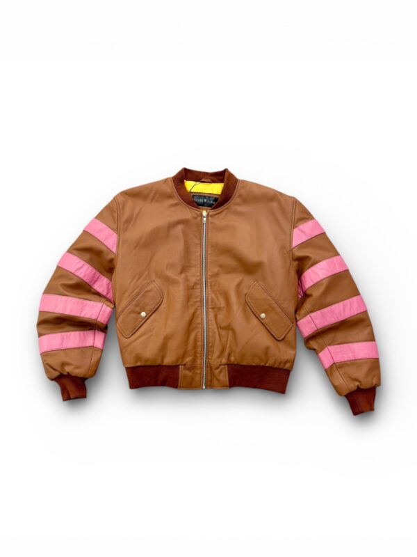 Leather Brown Bomber Jacket with Contrast Stripes