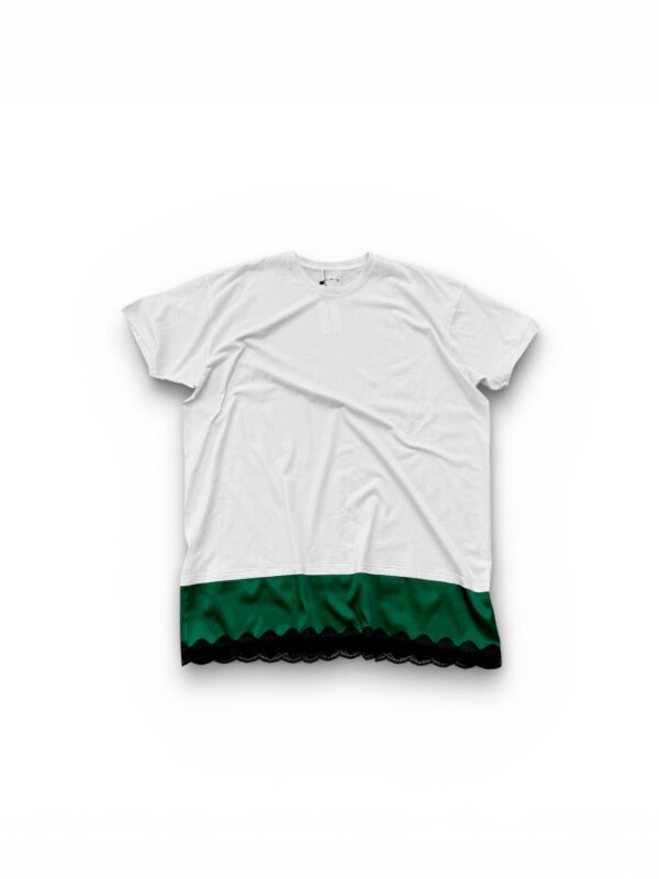 Oversized Cotton T-Shirt with Green Satin Detail & Lace Trim