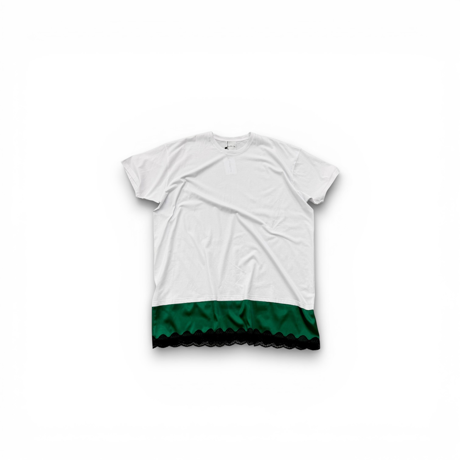 Oversized Cotton T-Shirt with Green Satin Detail & Lace Trim