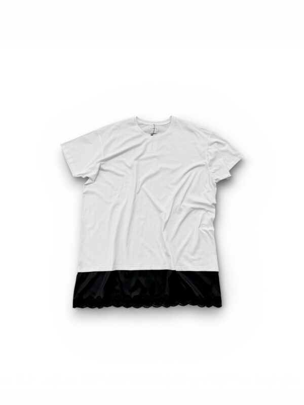 Oversized Cotton T-Shirt with Black Satin Detail & Lace Trim