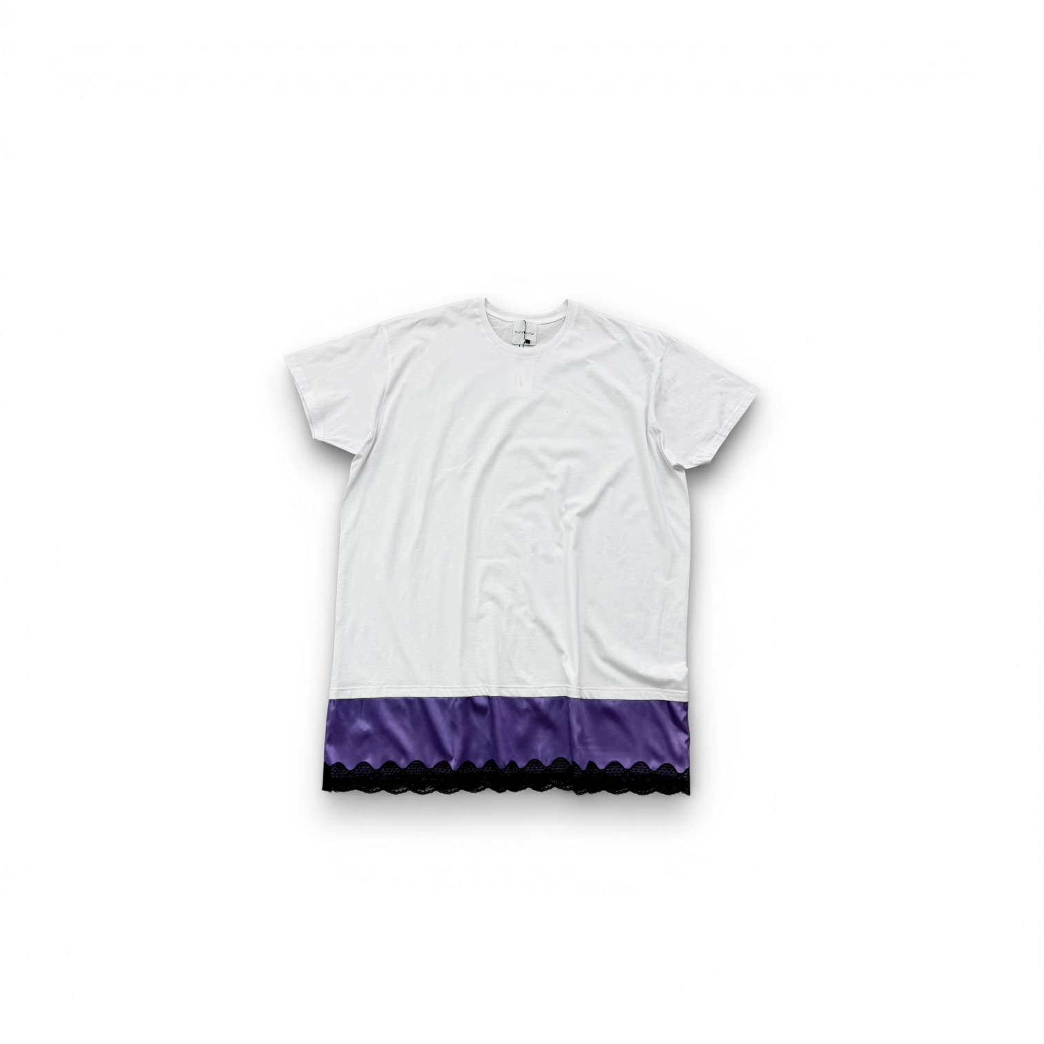 Oversized Cotton T-Shirt with Purpe Satin Detail & Lace Trim