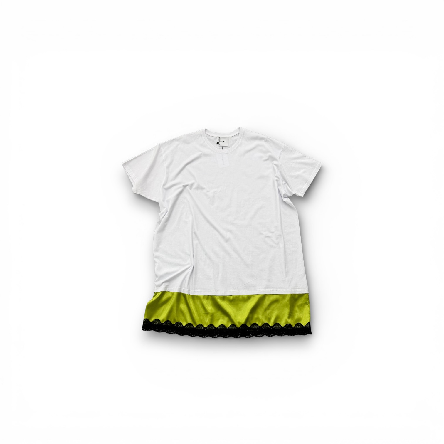 Oversized Cotton T-Shirt with Lime Satin Detail & Lace Trim